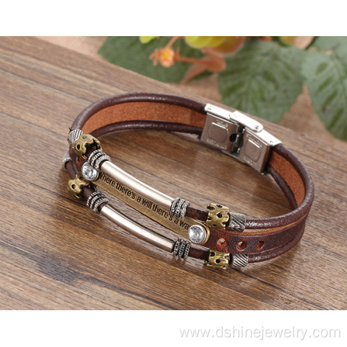 Alloy Rhinestone Handmade Leather Bracelets Bangles For Guys